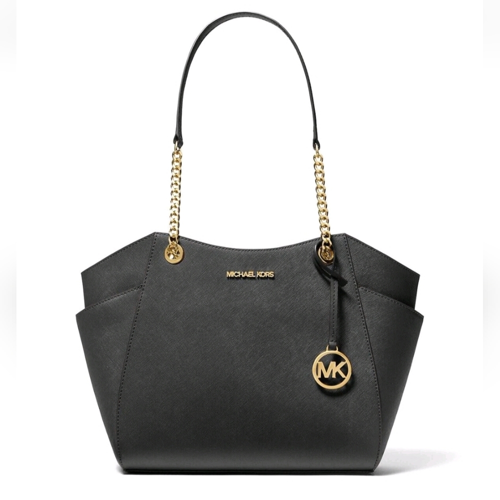 MICHAEL KORS Jet Set Travel Large Chain Shoulder Tote Bag Black Leather $558 NWT